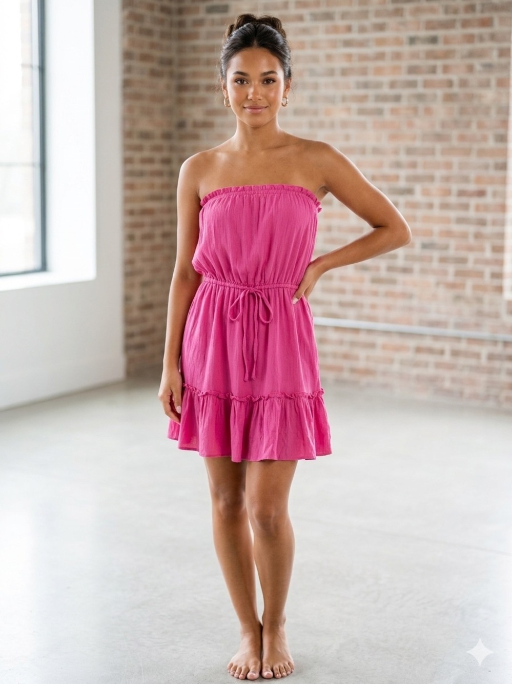 Elan Elle Strapless Barbiecore Tiered Ruffle Mini Dress Tie Waist Pink Medium - Picture 1 of 7
